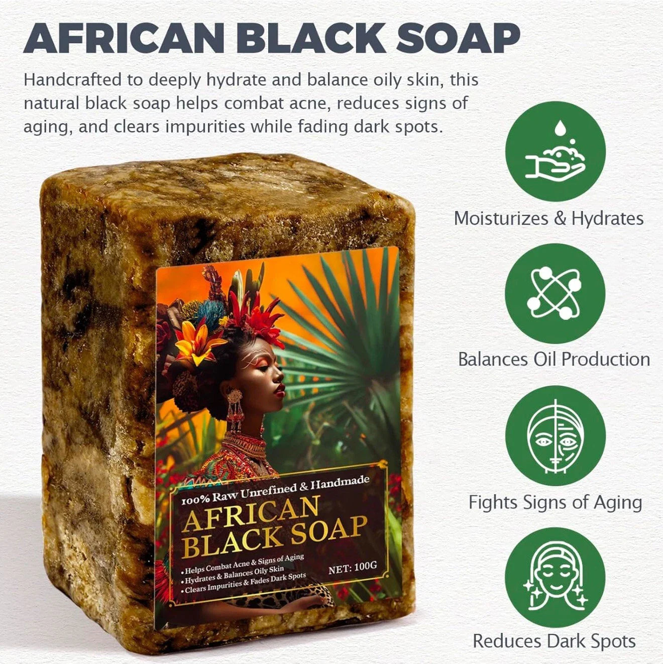 African Black Soap, 100% Natural for Dark spots , eczema , And Fights Acne